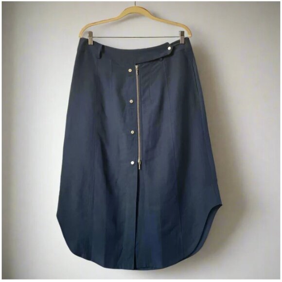 Tristan A-Line Midi Skirt 12 Blue Tencel Linen Button Full Zip Asymmetric Hem - Picture 1 of 9